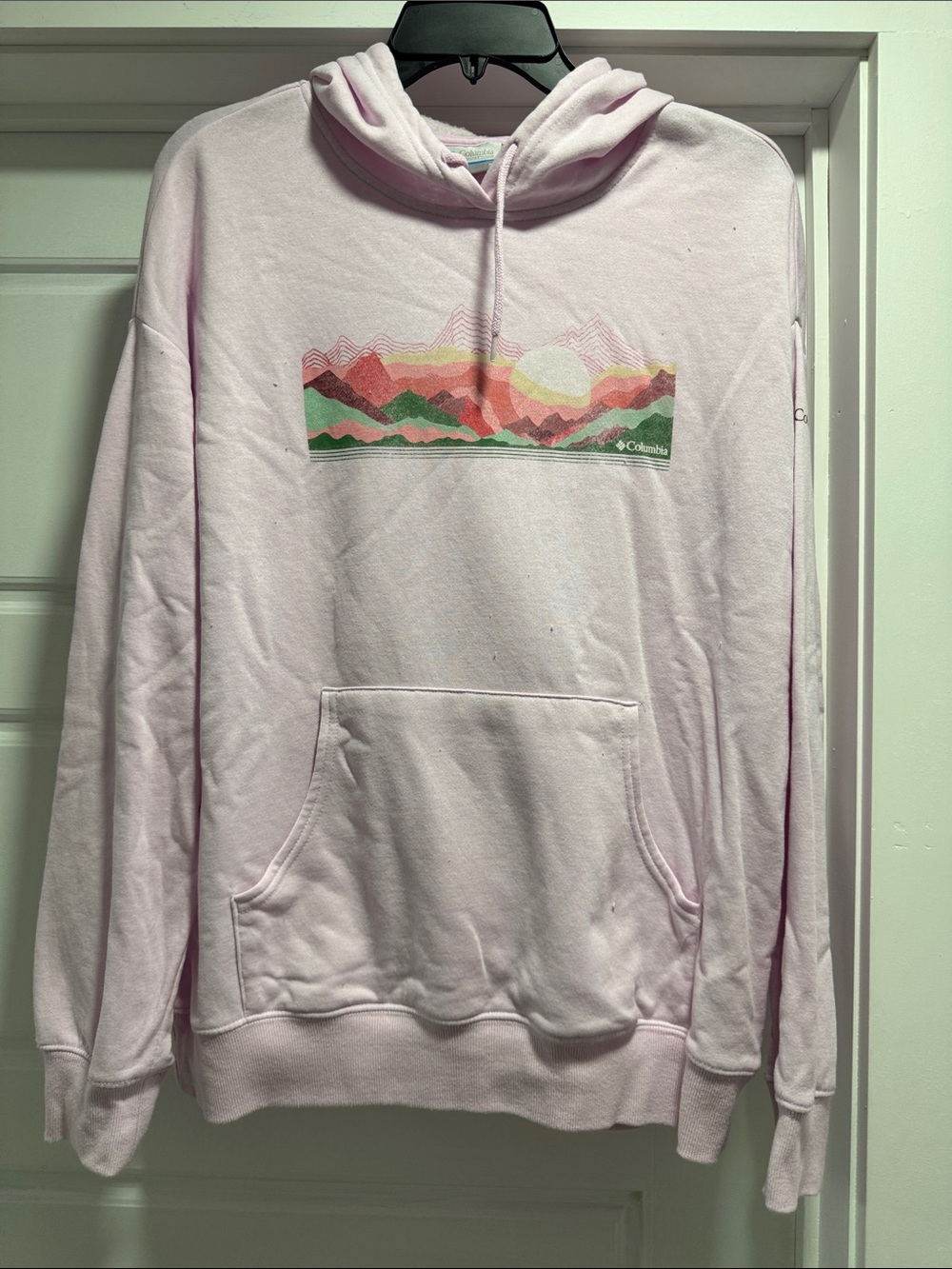 Columbia Light Pink Hoodie with Multicolor Mountain Graphic